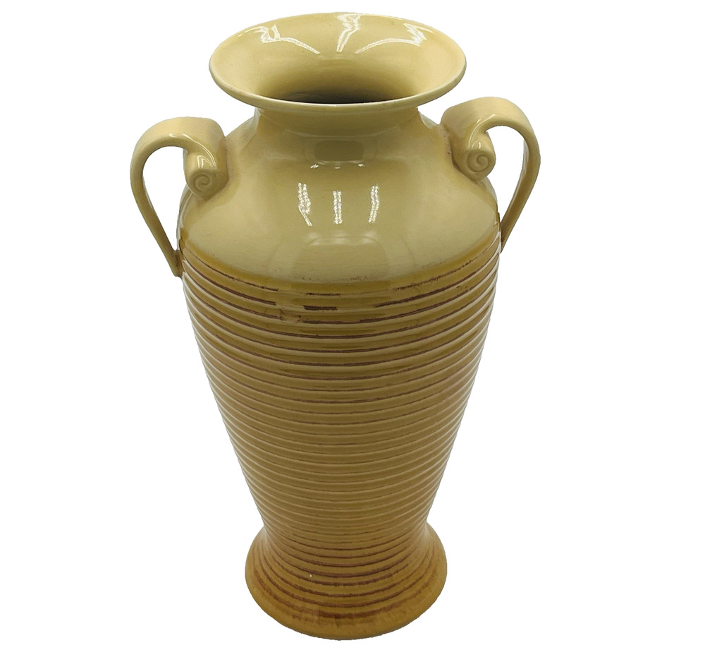 Vintage Hosley Potteries Yellow/Gold Ribbed 13 1/2" Vase with Handles